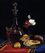 Adalbert John Volck still life by Adalbert John Volck, showing decanter of wine, oysters, small vase of flowers, slice of lemon oil